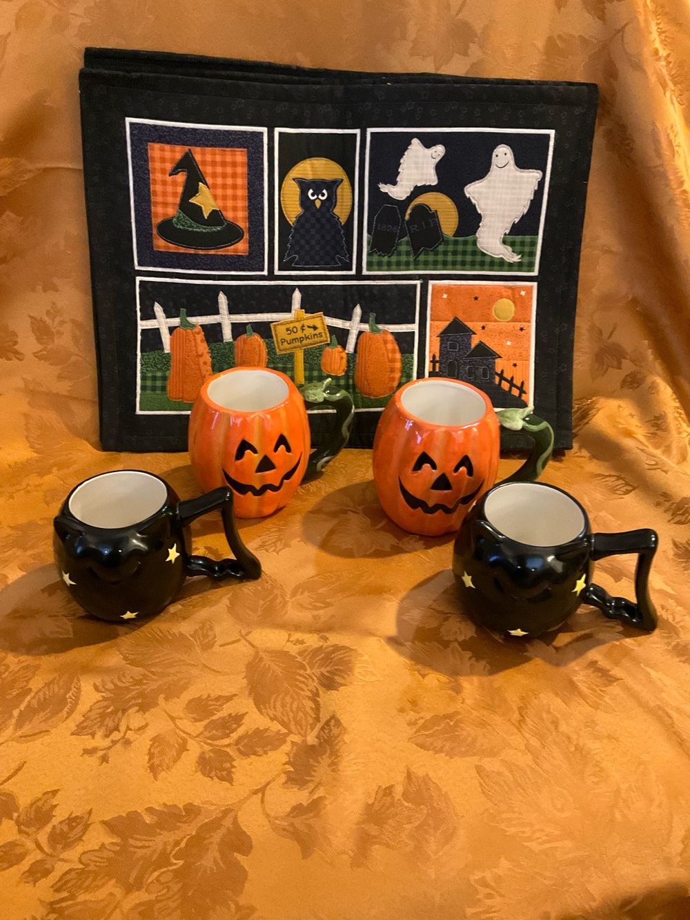 Halloween Pumpkin & Cat Mug Set - Orange and Black Plus 4 Placemats